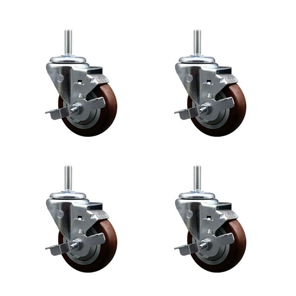 Service Caster 35 Inch Maroon Polyurethane Wheel Swivel 34 Inch Threaded Stem Caster Set with Brake SCC SCC-TS20S3514-PPUB-MRN-TLB-34212-4 - main